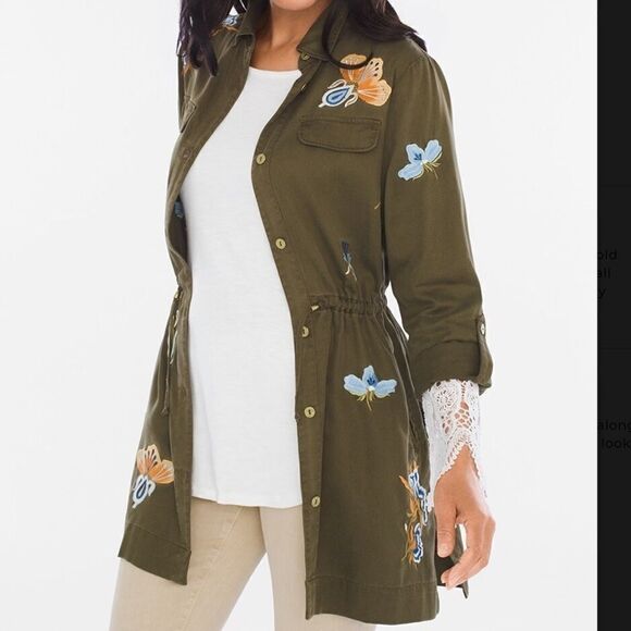 Chico’s Playful Floral Embroidered Anorak Green Jacket MP Medium Petite - Picture 1 of 14